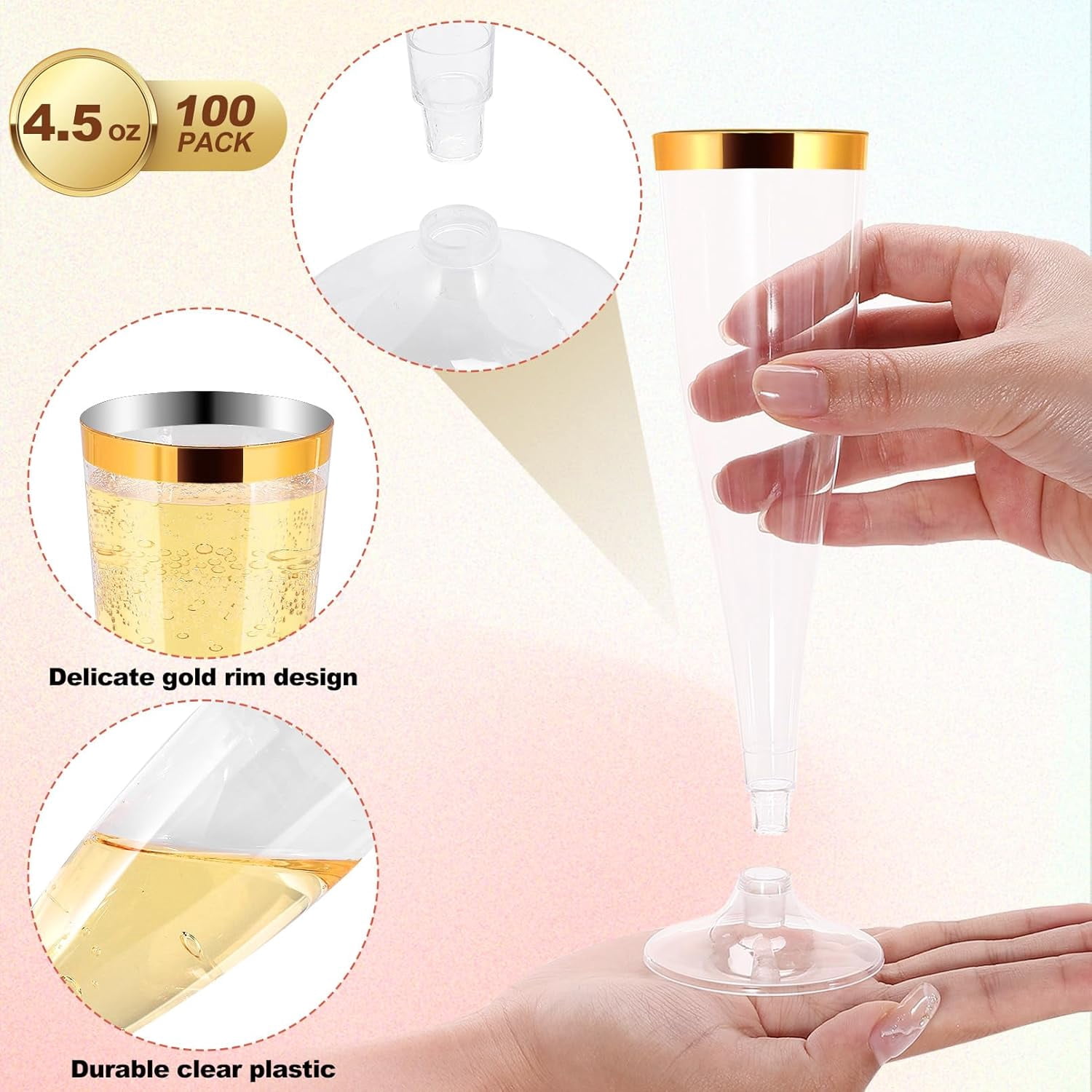50 Pack Plastic Champagne Flutes Disposable, Gold Rim Champagne Glasses, 4.5 Oz Clear Disposable Champagnes Flute, Mimosa Glasses Plastic Toasting Glass for Wedding Party Supplies