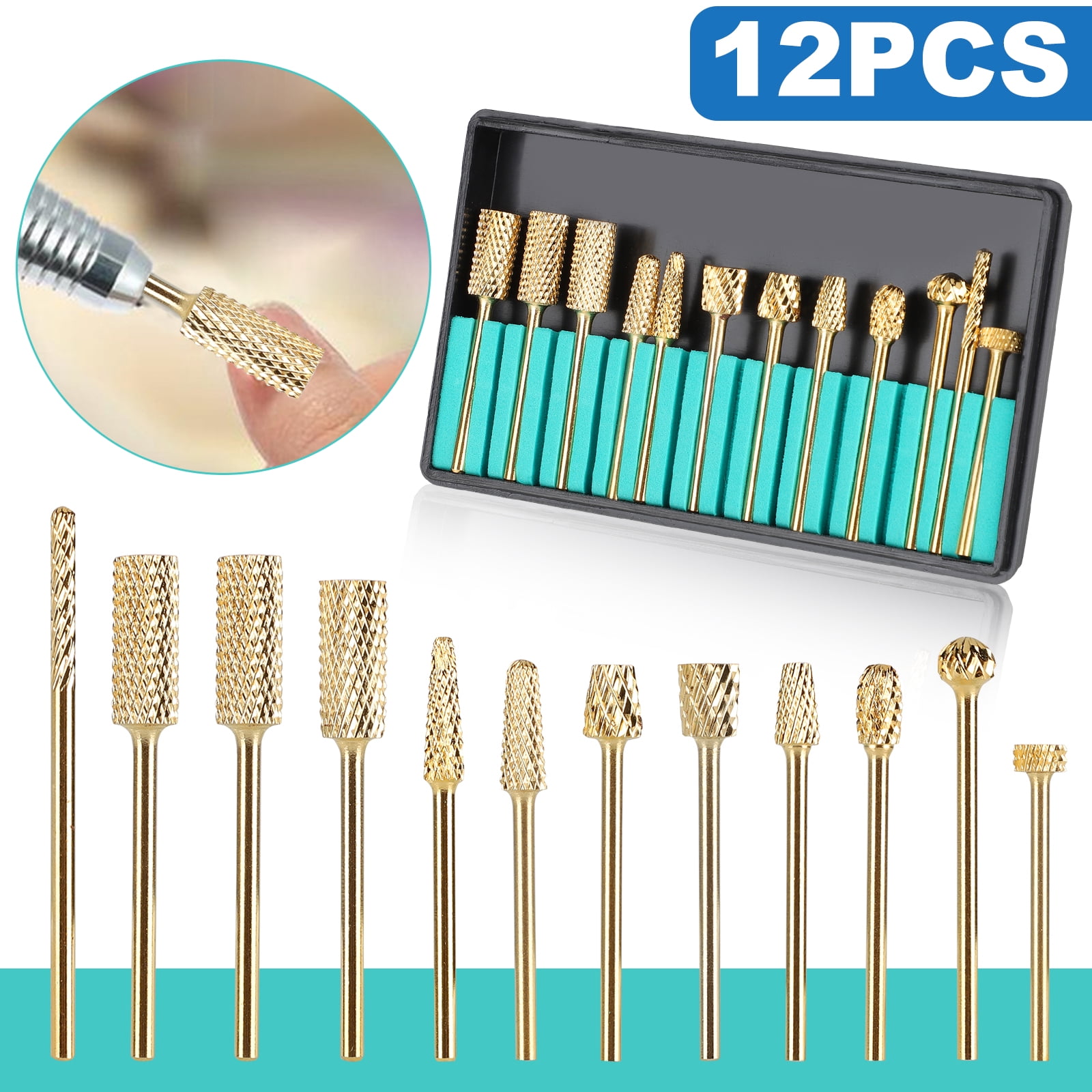 12 Pcs Diamond Nail Drill Bits Set Made Of Tungsten Carbide Professional Remove Gel Acrylic 