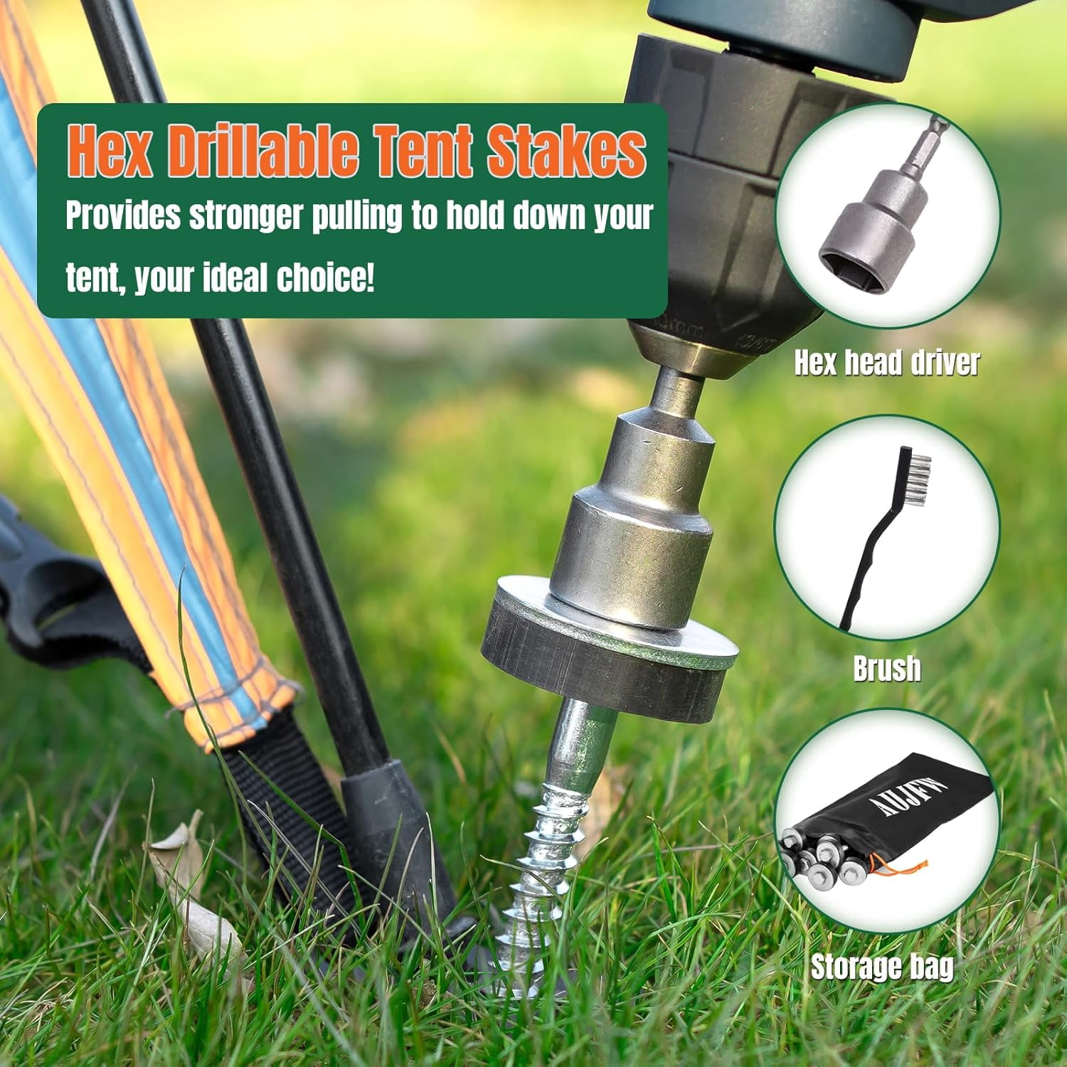 15 Pcs 12 Inch Hex Drillable Tent Stakes Heavy Duty Metal Ground Pegs with Storage Bag for Camping Awnings