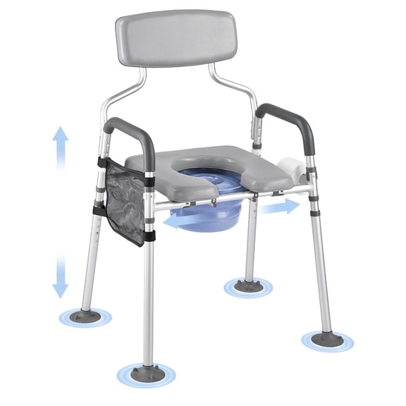 VEVOR Bedside Commode Chair, 500 lbs Capacity,4-in-1 Portable Toilet and Raised Toilet Seat with Padded Seat & Backrest,Detachable 5L Bucket,Adjustable Height & Width Adult Potty Chair for Seniors