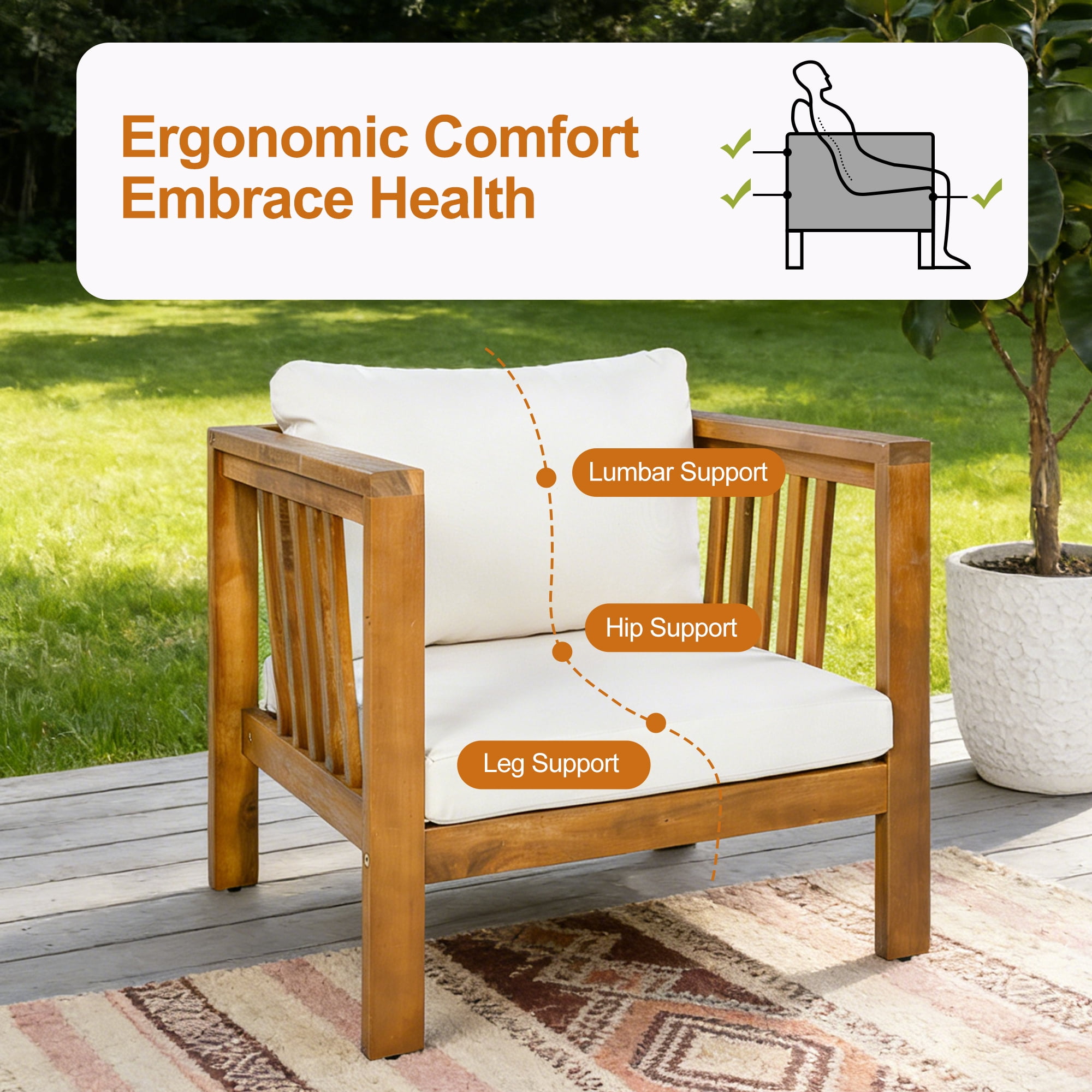Mintazer Patio Club Chairs with Modern Square Arms, Outdoor Armchairs with Cushions & Adjustable Leveling Feet for Patio, Garden, Balcony & Backyard, Natural & Beige