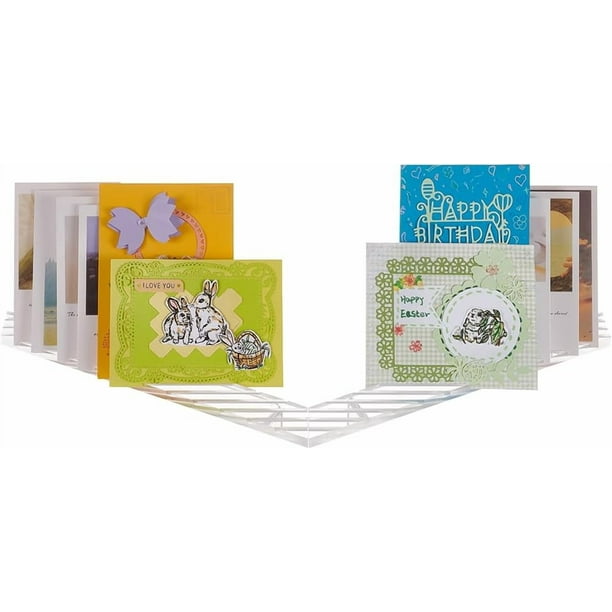 Organizador y expositor de tarjetas de 2 piezas para mesa, estante o escritorio. Capacidad para hasta 28 tarjetas. Soporte acrílico transparente para tarjetas de mesa o escritorio.