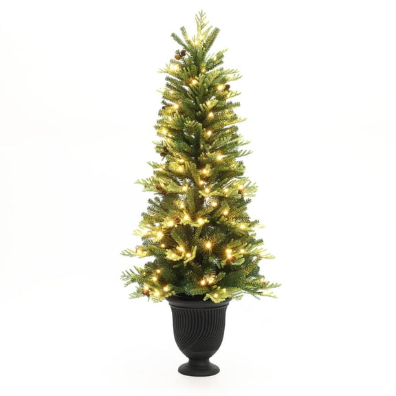 4.5Ft Pre-Lit Artificial Pine Christmas Tree with Pinecones & Urn Planter Pot