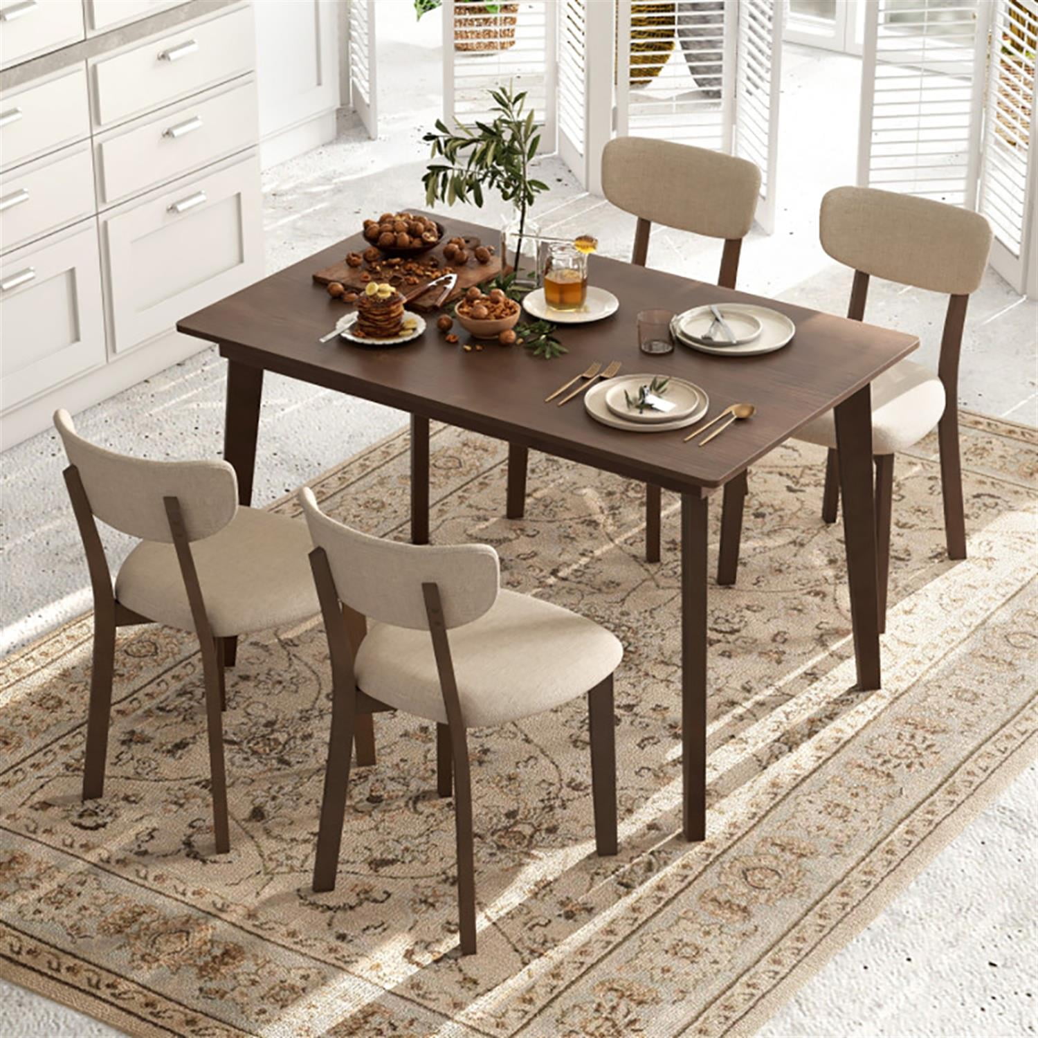 Demi Bonn 5-Piece Dining Table Set with 4 Chairs, 48" Kitchen Table with Rubber Wood Frame and Padded Set, Perfect for Small Space, Brown