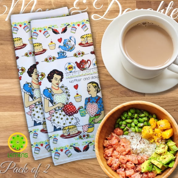 LEMENS Decorative Kitchen Tea/Dish Towel, Pack of 2, Highly Absorbent 100% Turkish Cotton Soft and Quick to Dry, Imported from Turkey, Beautiful Rustic Design Gifts for Her 19x13 in. (Mom & Daughter)