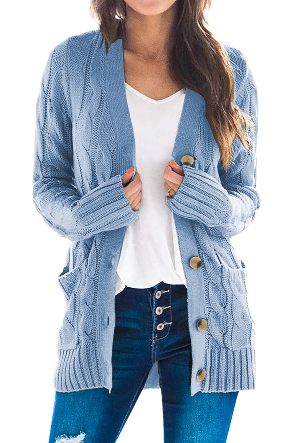 Women Sky Blue Sweater Button Pocket 