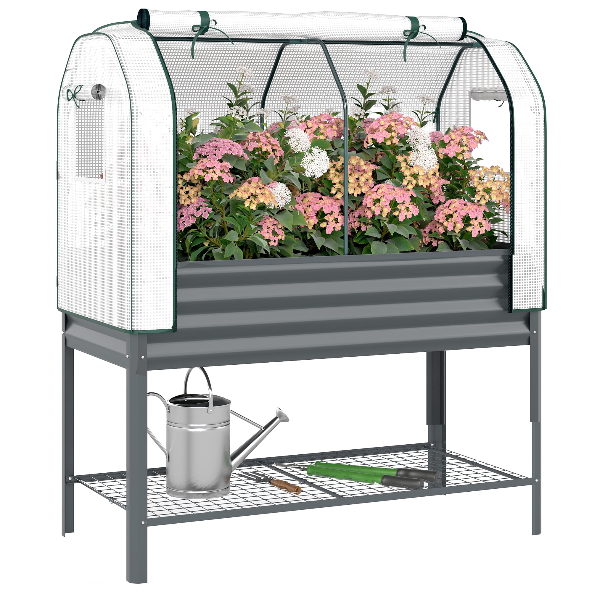 Outsunny Galvanised Raised Garden Bed with Greenhouse Cover, Metal Elevated Garden Bed with Bed Liner and Bottom Shelf, Dark Gray