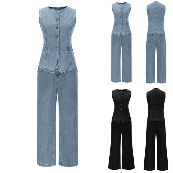 CHUMUD Women 2 Piece Denim Set Button Sleeveless Jean Vest Denim Top Y2k Shirt Wide Leg Jeans Palazzo Pants Outfits Summer Casual Going Out