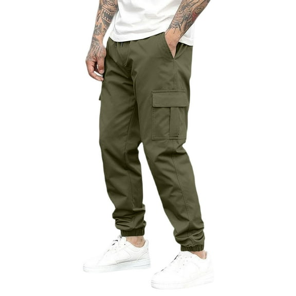 SUETCH Men's Casual Cargo Pants Workout Joggers Stretch Sweatpants Hiking Drawstring Tactical Pants with Multi Pockets,Green,Large