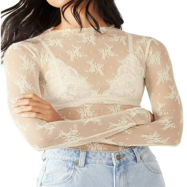 Chemises en Dentelle à Manches Longues pour Femmes avec Col en Maille Transparent et Montant