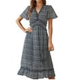 thumbnail image 1 of Vestido largo con volantes y manga corta para mujer - Escote en V profundo con estampado floral, cintura elástica, estilo boho veraniego, 1 of 6