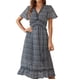 thumbnail image 1 of Vestido largo con volantes y manga corta para mujer - Escote en V profundo con estampado floral, cintura elástica, estilo boho veraniego, 1 of 6