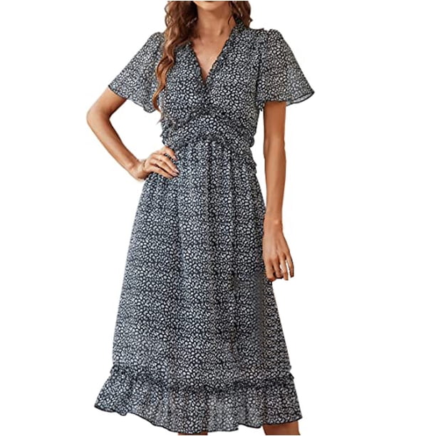 Vestido largo con volantes y manga corta para mujer - Escote en V profundo con estampado floral, cintura elástica, estilo boho veraniego