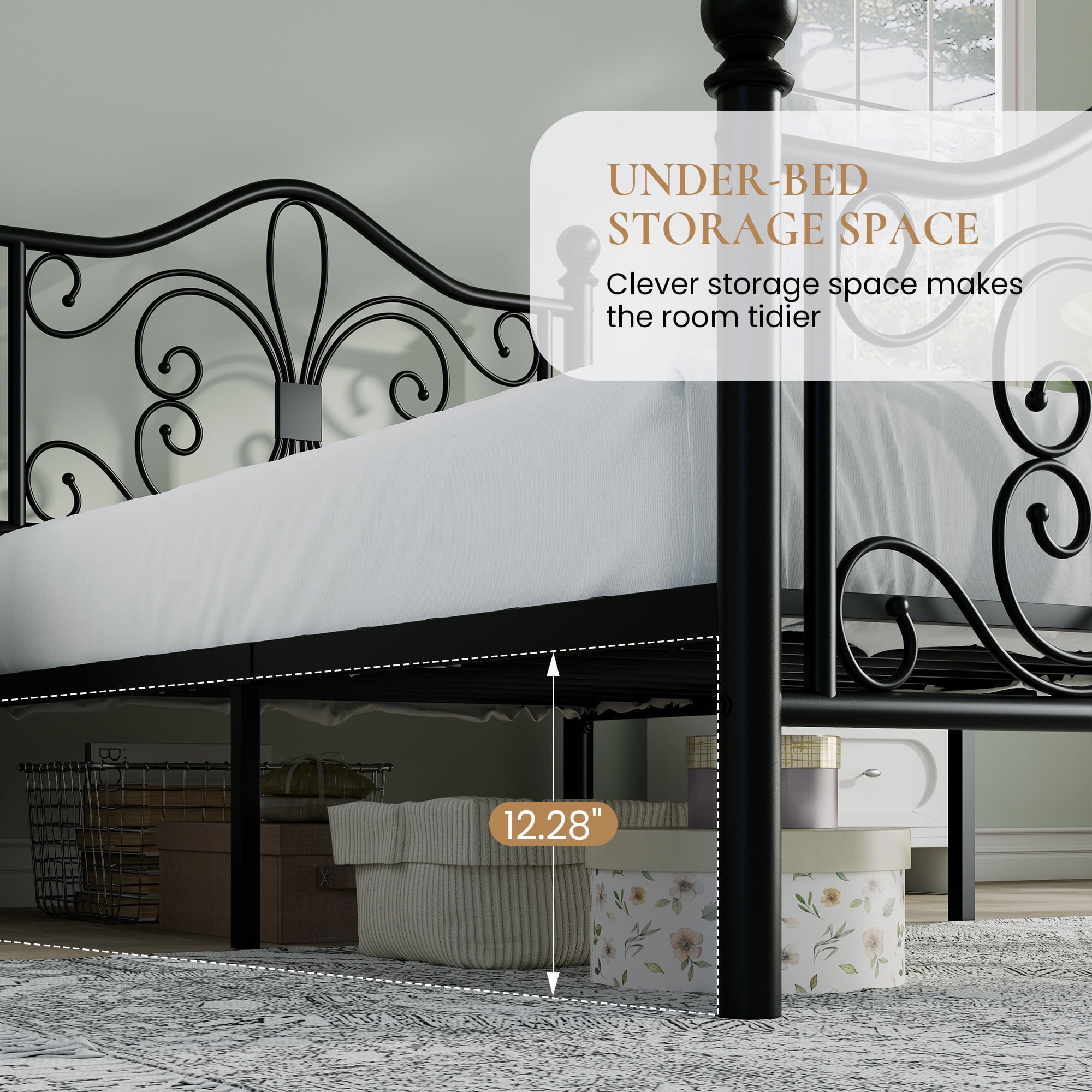 Sha Cerlin Twin Size Metal Platform Bed Frame with Victorian Vintage Butterfly Headboard&Footboard, Black