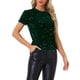 thumbnail image 4 of INSPIRAR CHIC Blusa de Cuello Redondo de Terciopelo con Lentejuelas para Mujeres, Manga Corta, Ropa de Fiesta y Club, Talla XS, Verde Oscuro, 4 of 6