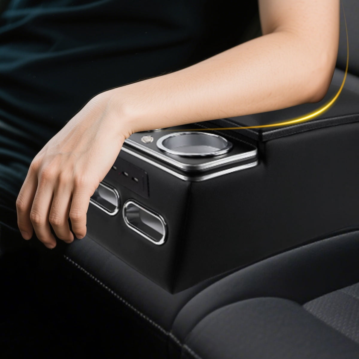 Black Universal Truck Seat/Bench Organizer with LED Light, USB Port, Cup Holders, Armrest, Padded Top Lid - Ideal for Business Upgrade Center Console Organizer