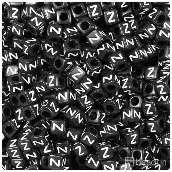 BeadTin Black Opaque 6mm Cube Alpha Beads - White Letter Z (80pcs)