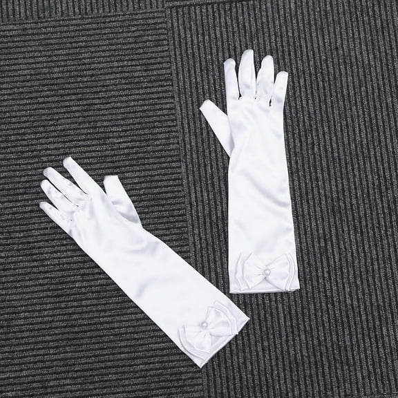 GOOHOCHY 1 Pair Flower Girl Gloves Long Satin Bowknot Dress Gloves for Wedding Evening Party (White)