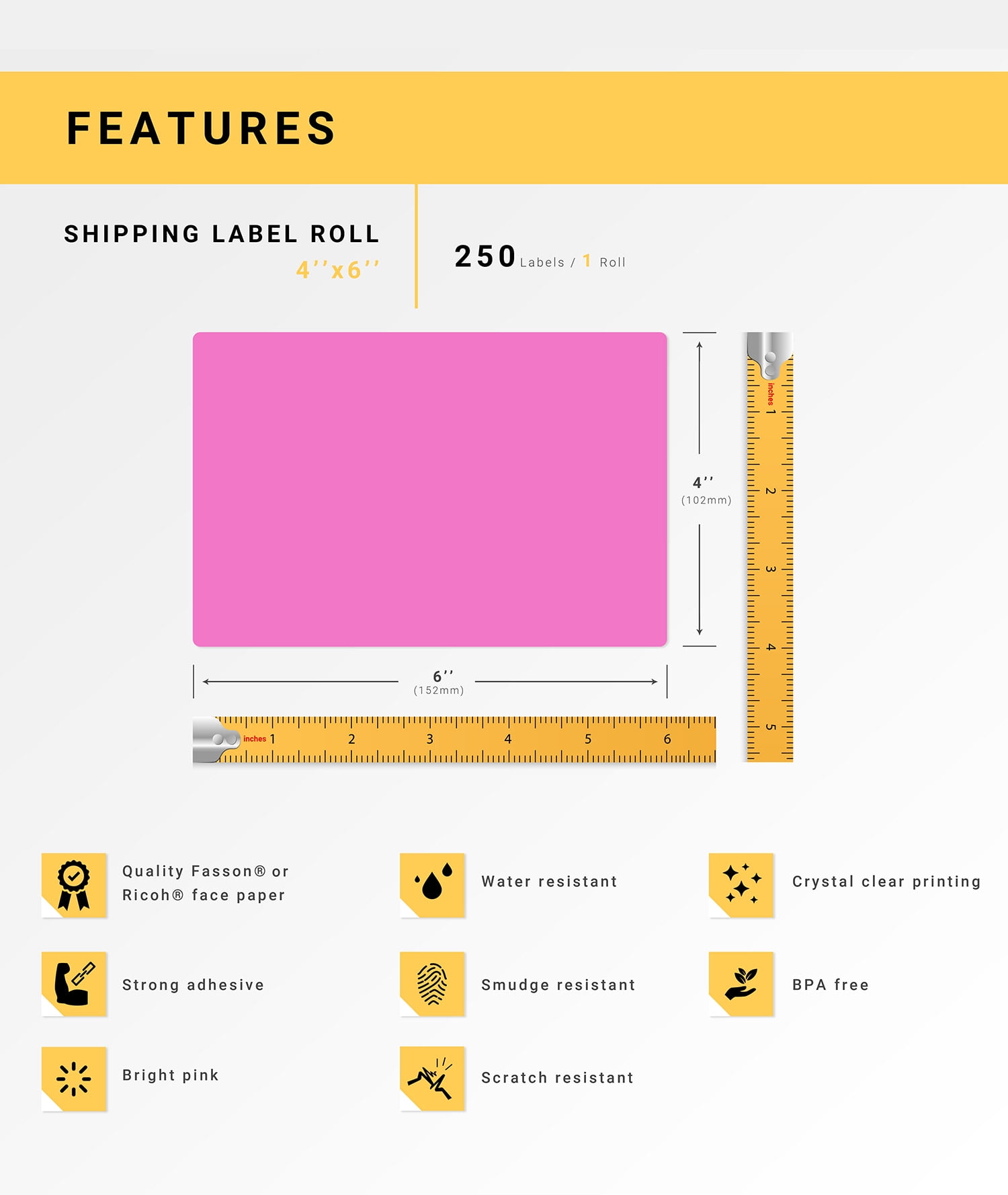 HOUSELABELS 4" x 6" Pink Shipping Labels on 1" Core Compatible With Zebra and Rollo Printers, 4 Rolls / 250 Labels per Roll