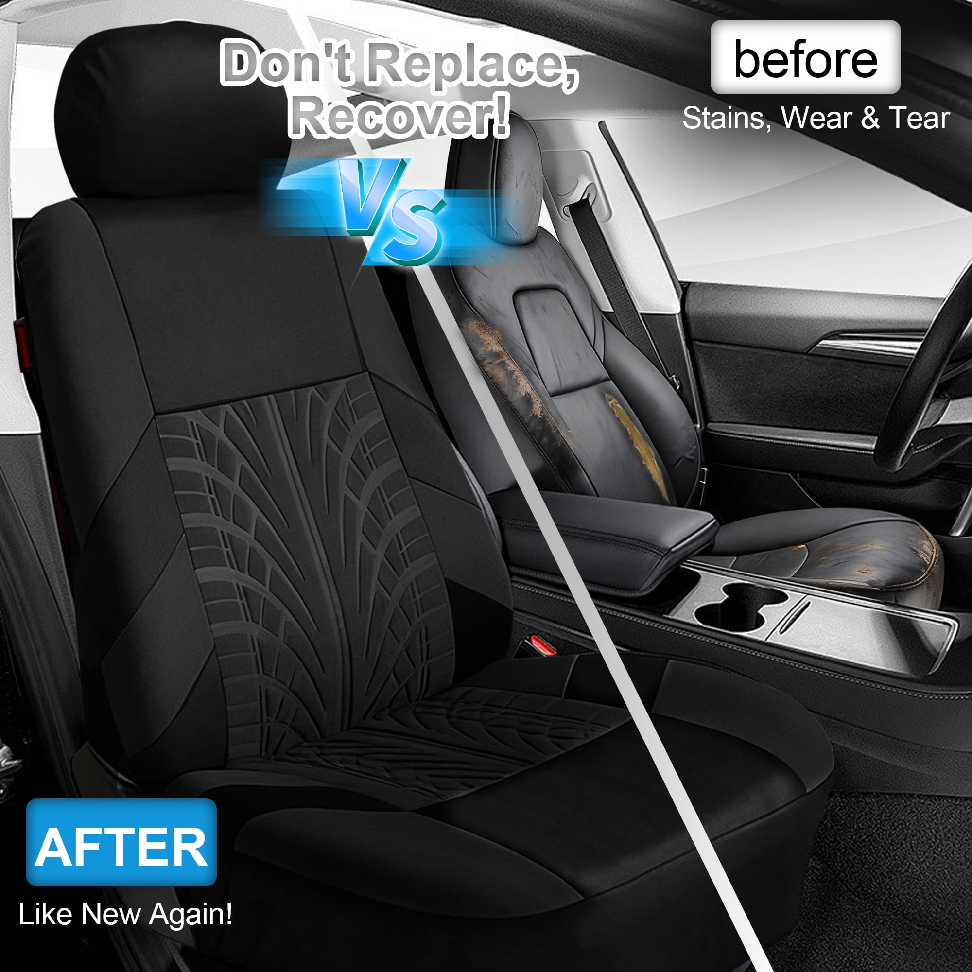 FLORAY 9-Piece Car Seat Covers Full Set - Airbag Safe, Thickened Quilted Cloth, Machine Washable - Universal Fit for Cars, SUVs & Trucks (Solid Rear Bench), Black