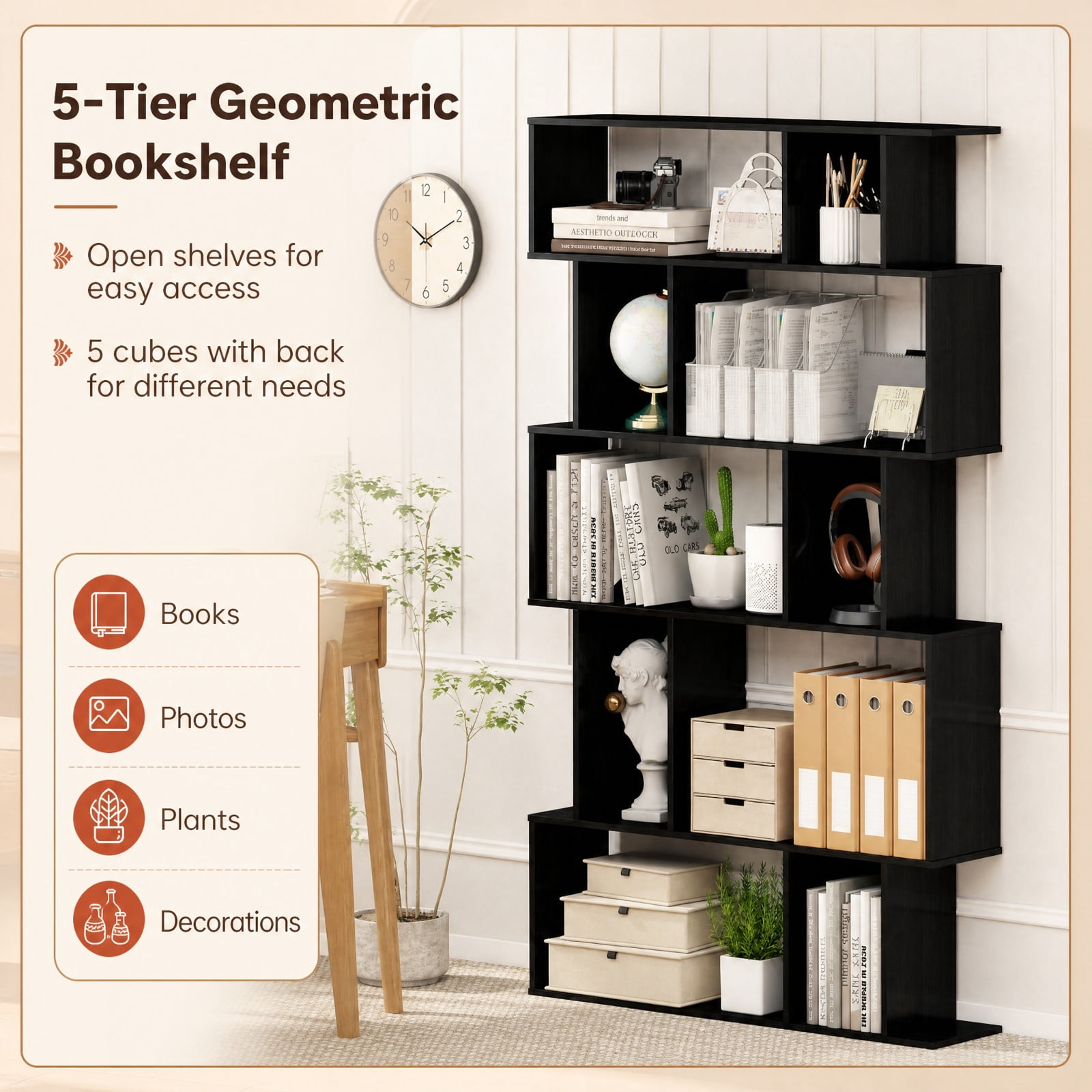 Furnibear Geometric Bookshelf 5-Tier Bookcase with Open Shelves and Closed-back Cubes for Living Room Home Office Bedroom Display Storage Shelf, Black