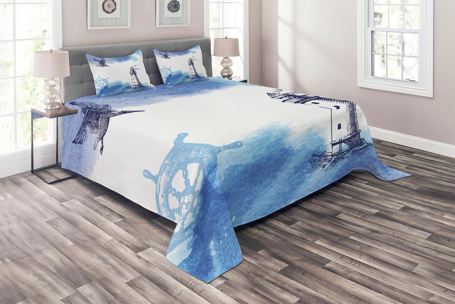 Lighthouse Coverlet Set King Size, Nostalgic Watercolors with Gull ...