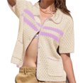 thumbnail image 3 of Womens Striped Short Sleeve Sweater Casual Knitted Button Down Crochet Cardigan Vintage Y2k Hollow-Out Tops, 3 of 6