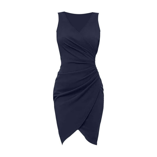 Vestido sexy de fiesta sin mangas con cuello en V, plisado y color liso para mujer