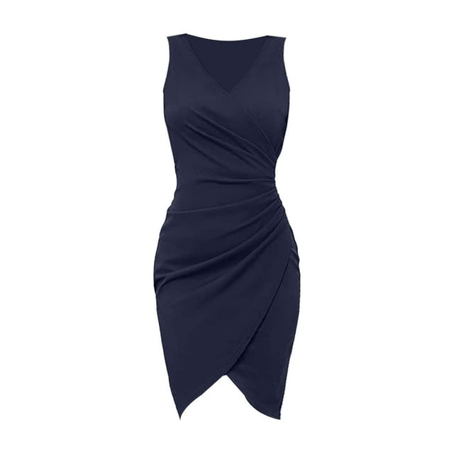 Vestido sexy de fiesta sin mangas con cuello en V, plisado y color liso para mujer