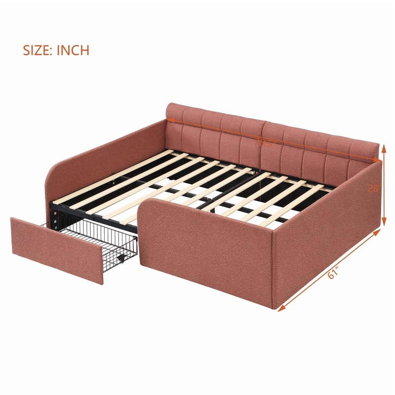 Full Size Boucle Daybed with Metal Drawer on Wheels, Storage Platform Bed Frame with Guardrails, Upholstered Low Profile Bed