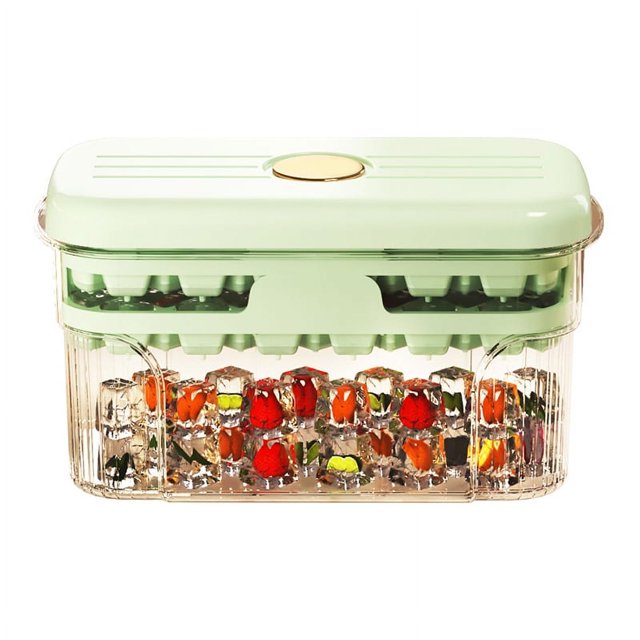 Bandeja para moldes de hielo con tapa y recipiente, contenedor de alta capacidad para hacer hielo a presión, caja de almacenamiento de bloques de hielo de doble capa, color verde