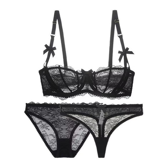 Varsbaby Lingerie Set for Women Sexy Lace Bra and Panty Thongs Sets Unlined Demi-Cup Underwire Bra and See Though Panties