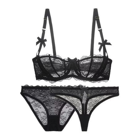 

Varsbaby Lingerie Set for Women Sexy Lace Bra and Panty Thongs Sets Unlined Demi-Cup Underwire Bra and See Though Panties