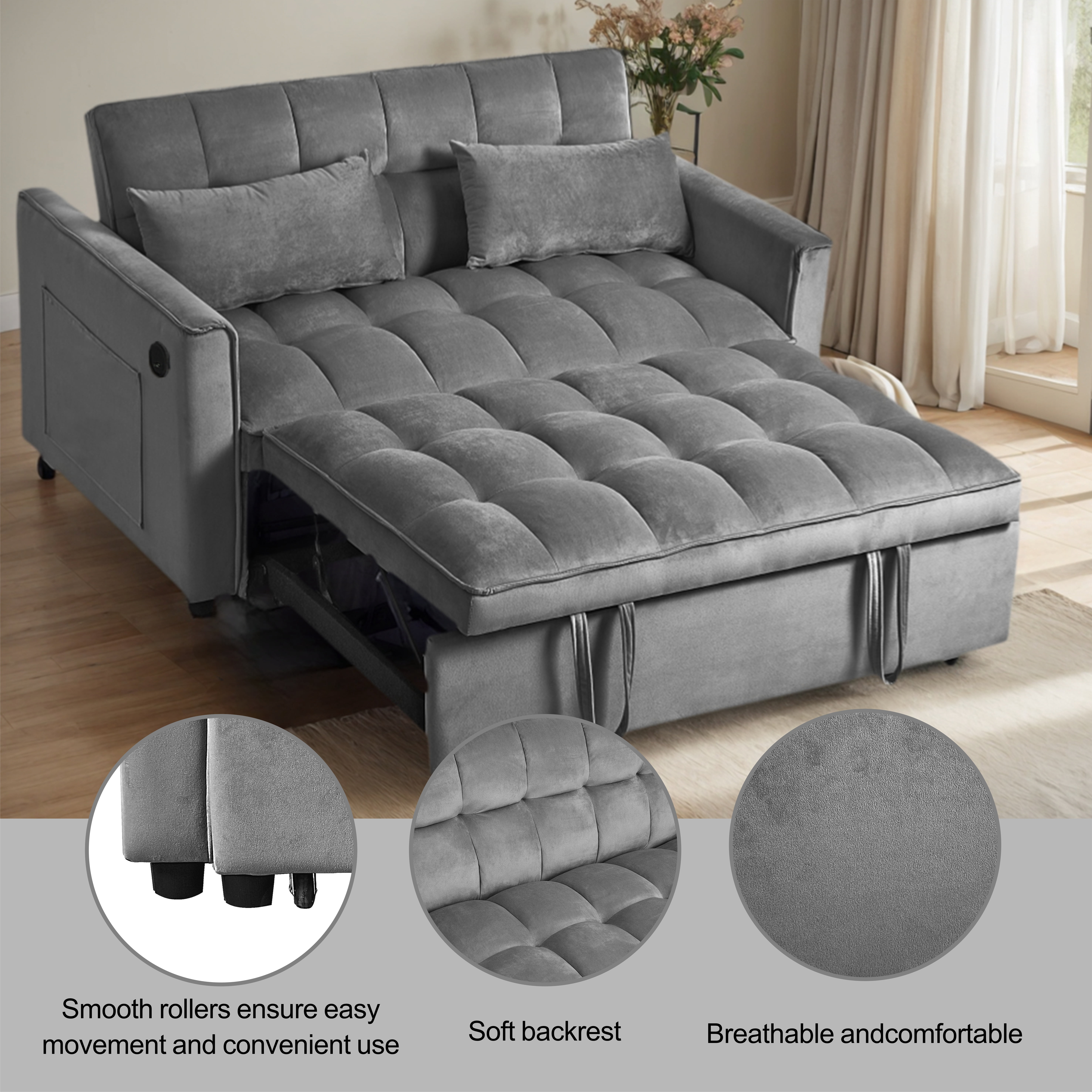 Gewnee 3-in-1 Convertible Sofa Bed and Loveseat Sleeper, Velvet Pull Out Couch with USB & Side Pockets, Dark Grey, Living Room & Apartment