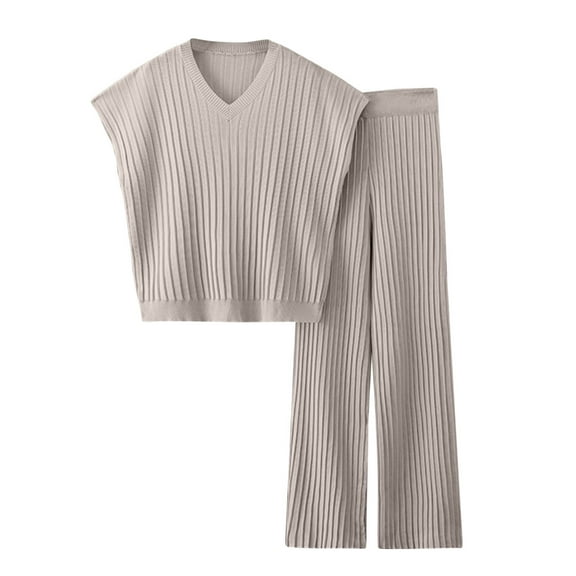 Busydd Loungewear Sets for Women 2 Piece Matching Outfits Fashion Casual Knit Ribbed Solid Color Sweatsuit Set Sleeveless V Neck Sweater Vest Wide Leg Pants Tracksuits Loungewear