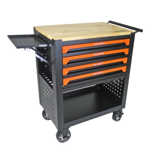 ARTMAN 4 Drawers Tool Cart with Wheels and Drawers,Wood Top Tool Box for Garage Workshop Warehouse
