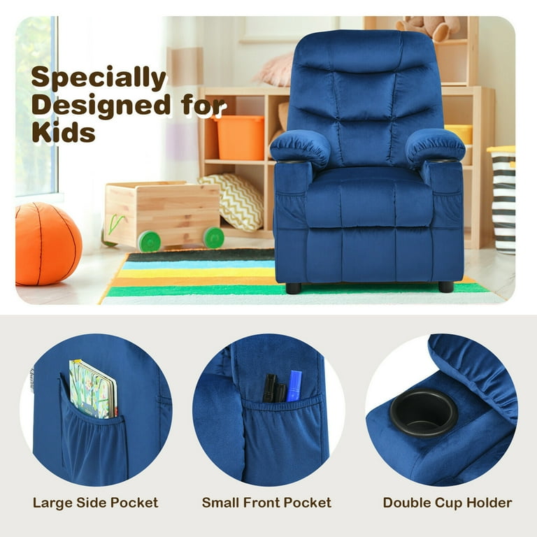 Gymax Kids Youth Recliner Chair Velvet Fabric w Cup Holder Side Pocket Blue