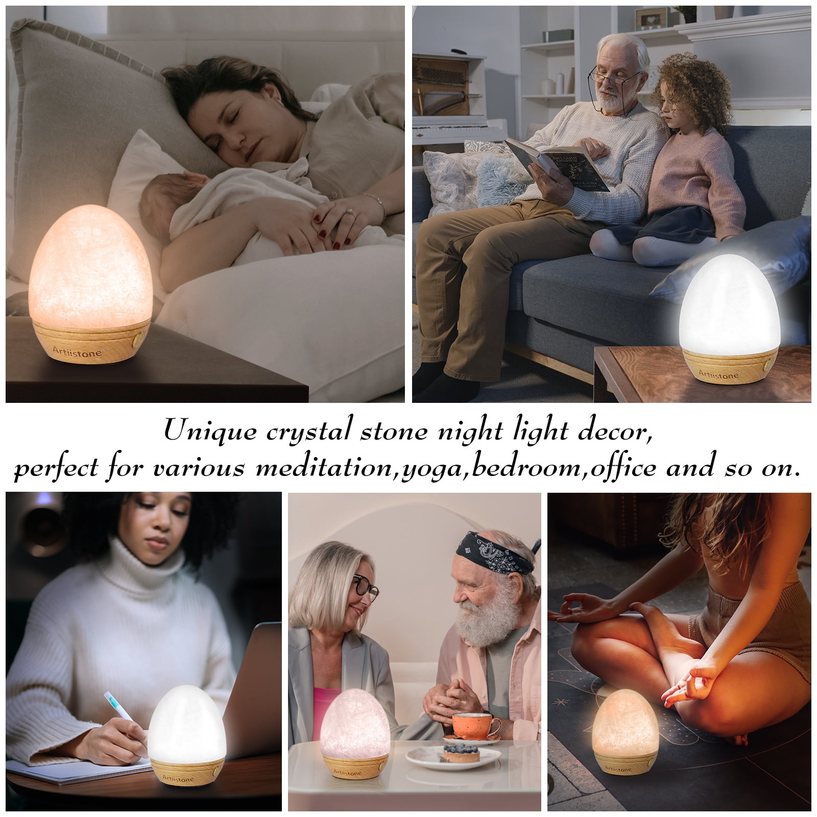 Artistone Clear Quartz Crystal Night Light Carved Gemstone USB Rechargeable Touch Sensor LED Lamp