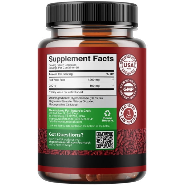 Natures Craft Red Yeast Rice Capsules 1200mg with CoQ10 100mg, Heart Health Supplement, 120 Count
