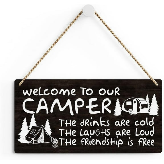 6x12 Inch Rustic Camping Wood Decor Sign, Welcome To Our Camper Printed Wood Sign Wall Art, Hanging Door Sign, Decorative Wood Sign Home Camping Decor