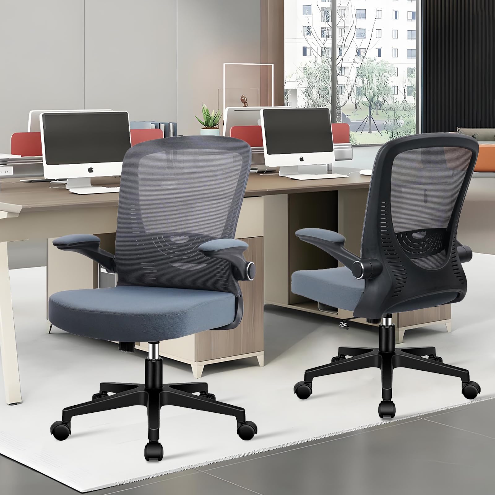 CLATINA Desk Chairs with Wheels, Ergonomic Rolling Mesh Office Chair Adjustable Height and Lumbar Support Home Office Computer Chair with Flip Up Armrests, Grey