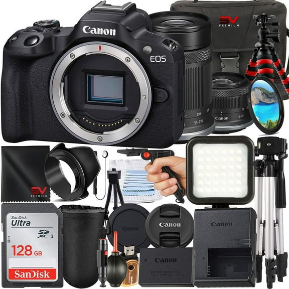 Canon EOS R50 Mirrorless Camera with RF-S 18-45mm   55-210mm Lens   SanDisk 128GB Memory Card   Case   Tripod   SV Premium Accessory Bundle (International Version)