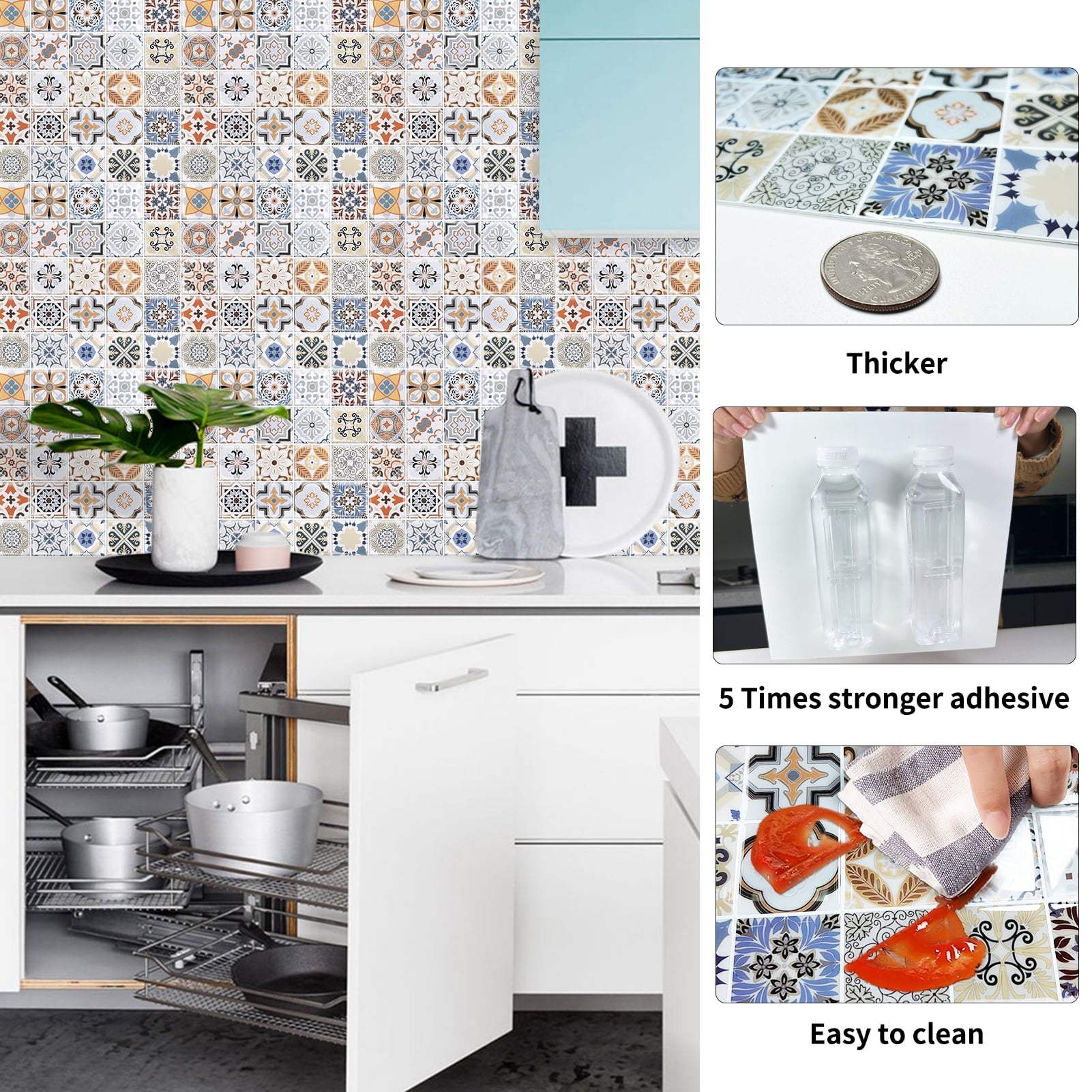 DEWOO 10PCS Mandala Tile Stickers, Peel and Stick Self Adhesive Removable Moroccan Tiles Backsplash Waterproof Oil Proof for Bathroom & Kitchen Wall Stickers Home Decor