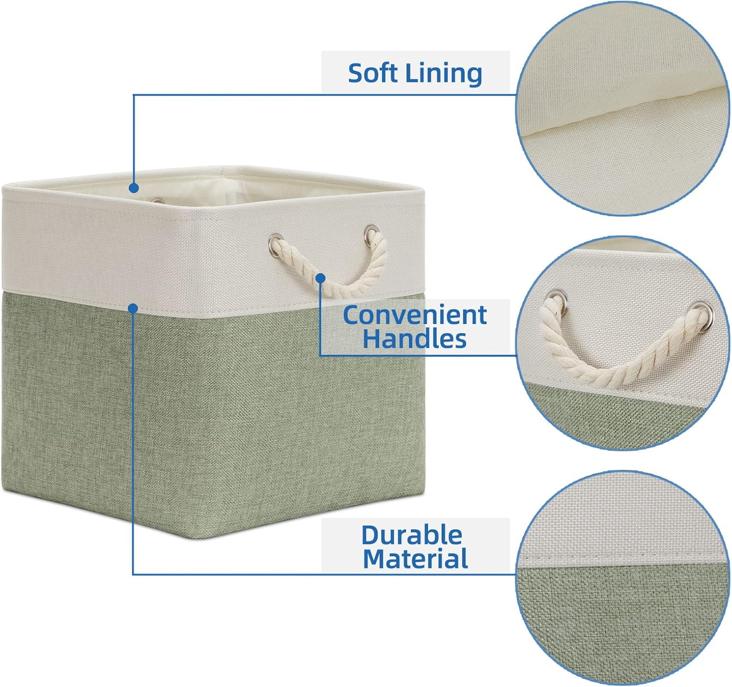 Fabric Storage Baskets 4Pack Storage Bins Decorative Basket for Gift, Clothes Bin with Handles, Rectangle Baskets for Storage, Blankets(White&Green,15x11x9.5 inch)