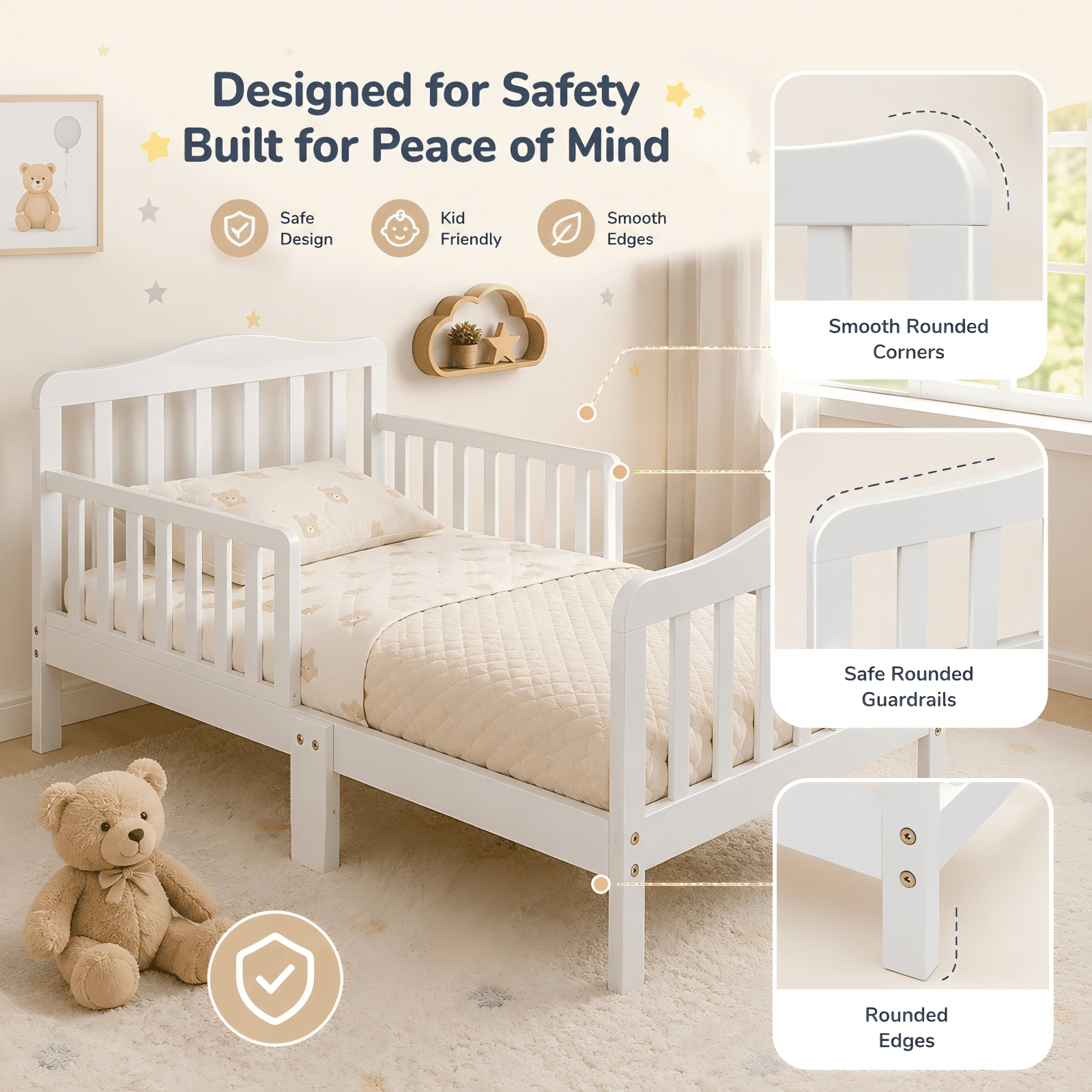 Zimtown Toddler Bed, Wood Kids Bedframe Children Classic Sleeping Bedroom Furniture w/Safety Rail Fence (White)