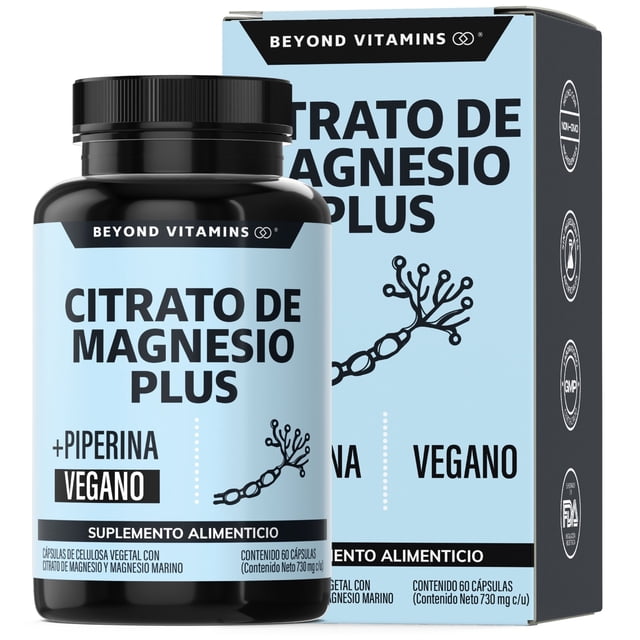 Citrato Magnesio Plus Con Piperina | 455mg Magnesio Elemental | Magnesio Capsulas - Con Magnesio Marino | Magnesium Citrate + Marine Magnesium - Vitaminas Mujer / Hombre - (60 Cápsulas)