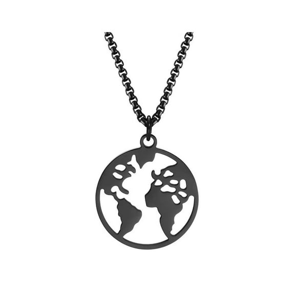 PAURO Men's Stainless Steel Round World Map Pendant Necklace Hip Hop Jewelry Black with Chain