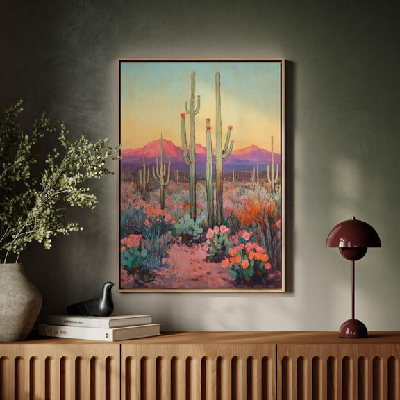 Desert Sunset Cactus Art - Vibrant Saguaro And Wildflower Scene With Mountains, Perfect For Southwest Style Wall Decor Wall Art, Modern Wall Decor, 8x12 UNFRAMED