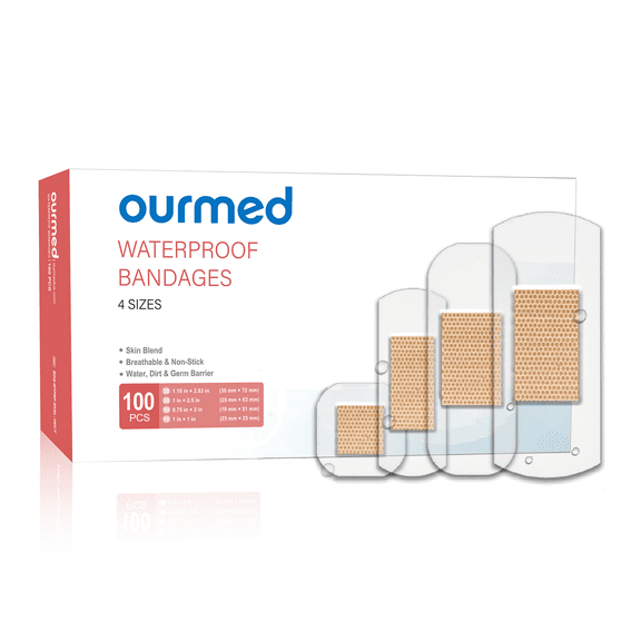 Ourmed Waterproof Adhesive Bandages, Clear First-Aid Wound Care, Assorted Sizes, 100 Counts
