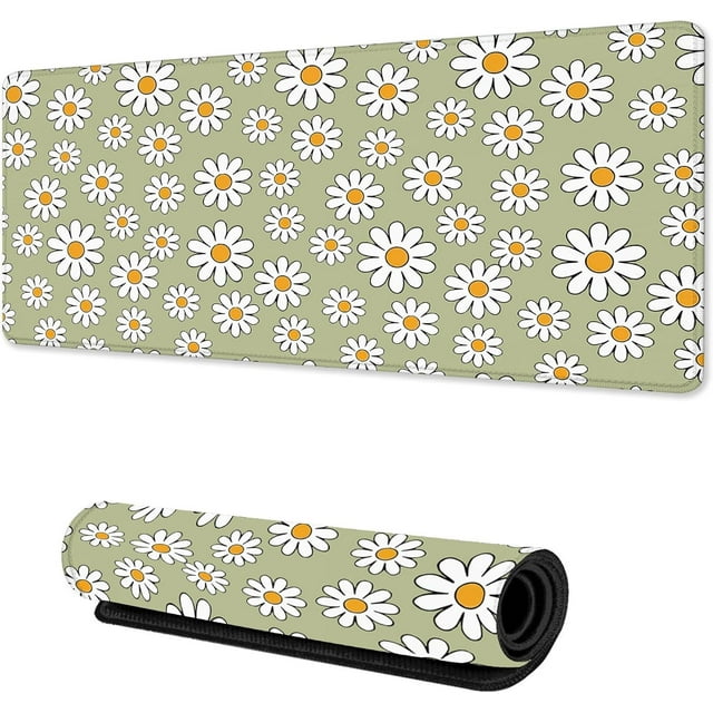 Cute Daisy Flowers Gaming Mouse Pad NonSlip Rubber Base, Large Extended Desk Mat, Ideal for Home Office, 31.5x15.7 Inch, Floral Design